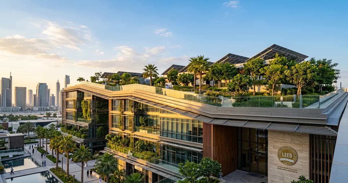 Modern sustainable building with green facade and energy-efficient design in an urban setting
